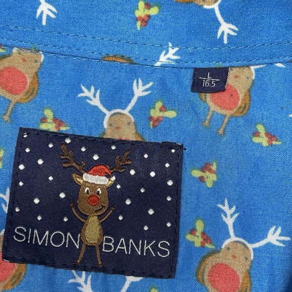 Simon Banks Shirt mens large Birds Reindeer long sleeve blue Festive Christmas - Picture 4 of 6